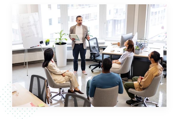 A business leader discussing leadership strategies to an audience